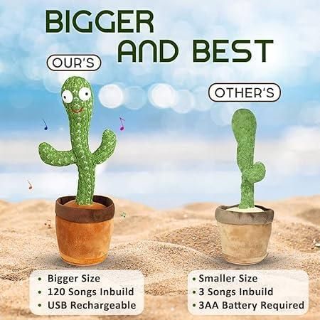 Two cactus-shaped toys with text comparing 'Our's' to 'Other's' on a desert background.