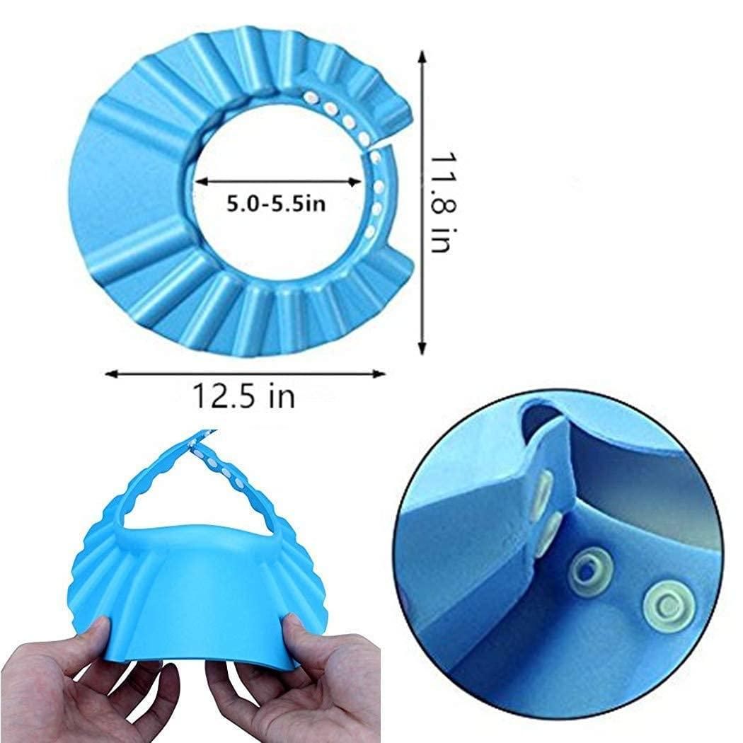 Blue shower cap with measurements and a close-up of its design on a white background