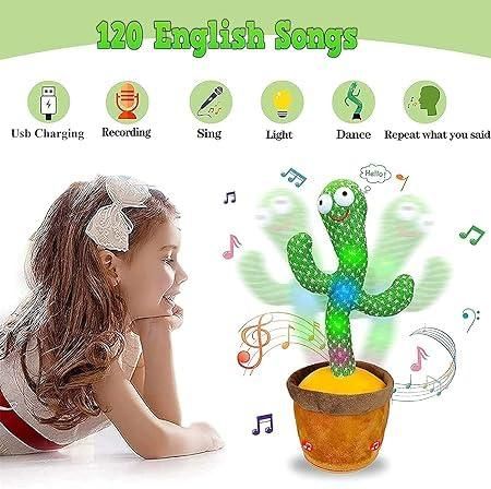 Toy cactus with animated features next to a child, with icons and text indicating its functions.