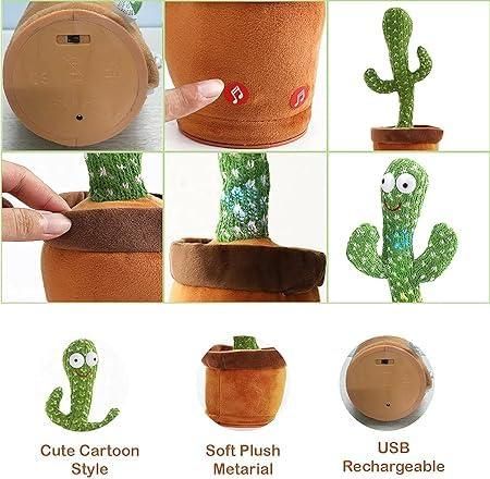 Collage of a plush cactus toy with USB charging feature, soft plush material, and cute cartoon design.