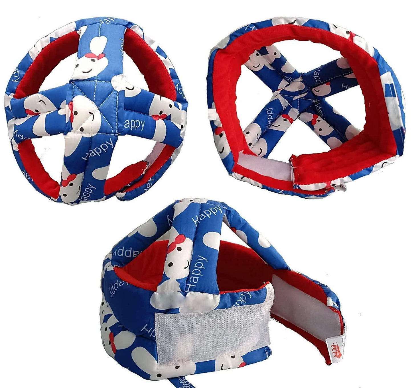 Toy steering wheel with red, blue, and white design on a white background