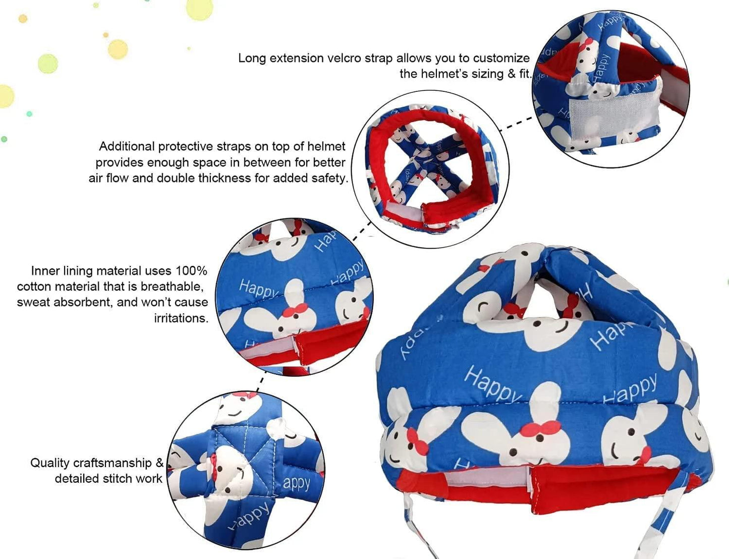Children's helmet with rabbit design and safety features highlighted
