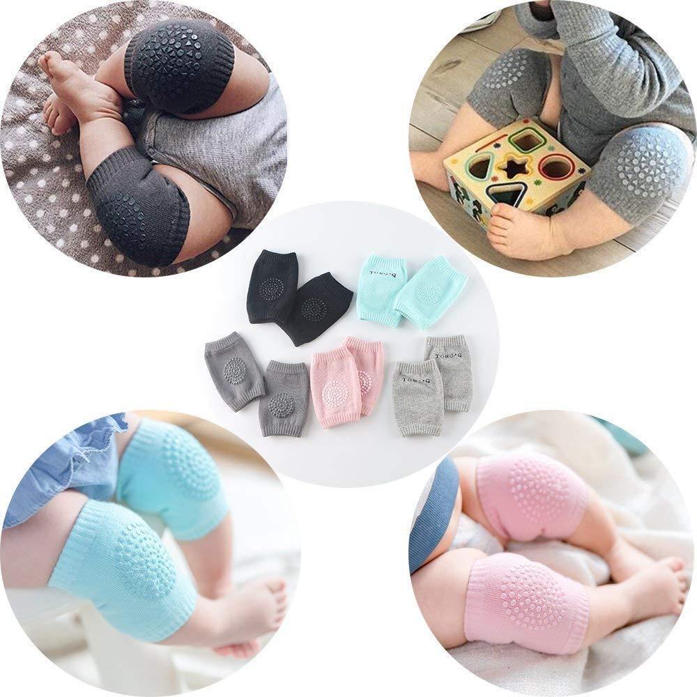 Collage of baby knee pads in various colors with babies wearing them.
