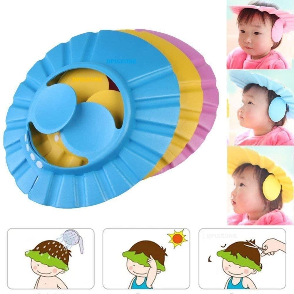 Colorful children's shower caps with a central wheel and images of children wearing them.