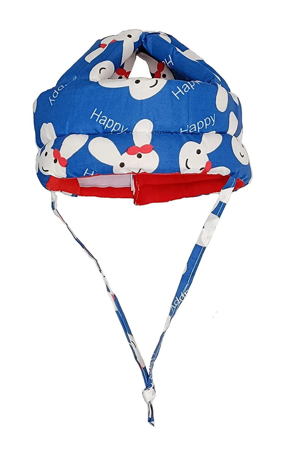 Baby helmet with rabbit pattern and 'Happy' text on a blue background