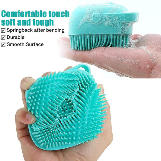 Turquoise silicone scrubber held in a hand with text highlighting features on a white background