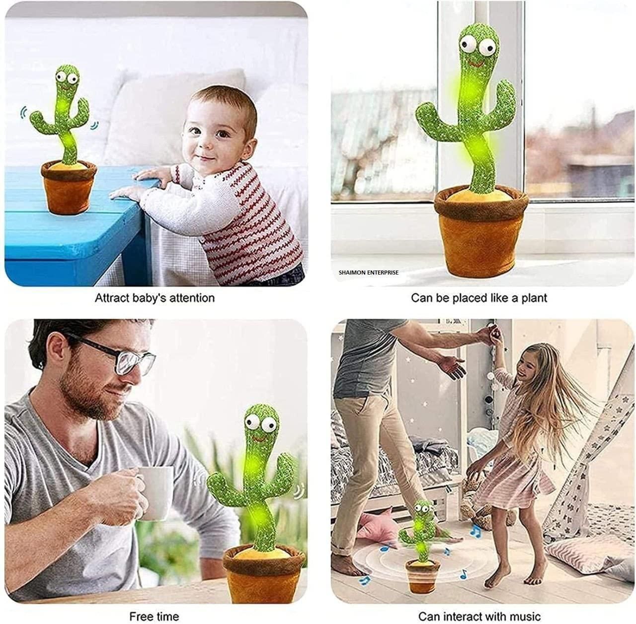 Collage of a dancing cactus toy with various uses and settings.