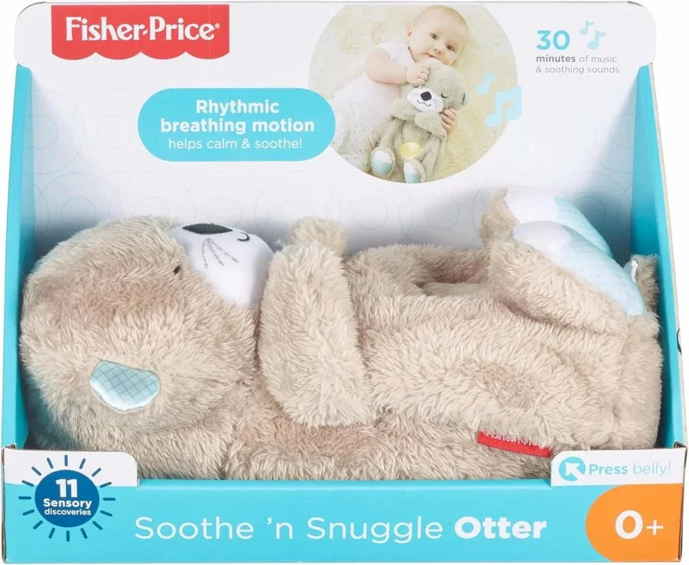 Fisher-Price Soothe 'n Snuggle Otter toy in packaging with text about rhythmic breathing motion.