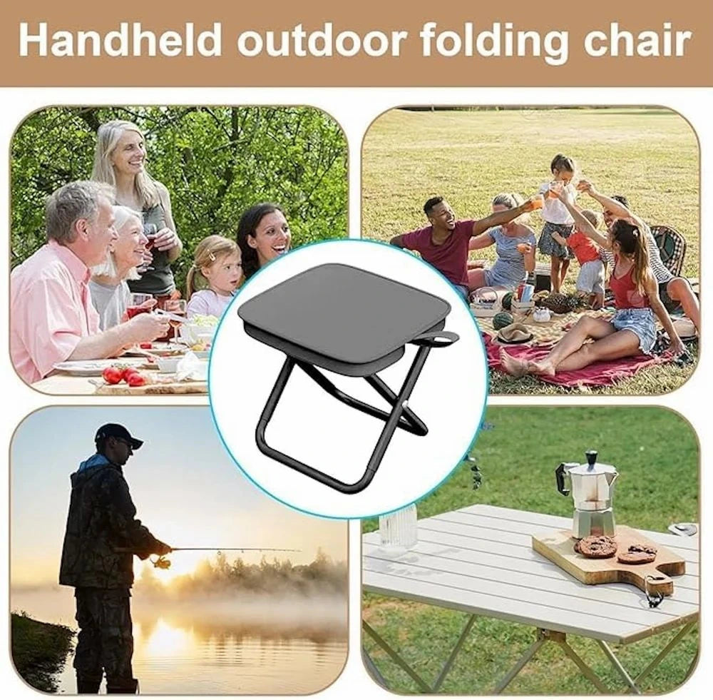 Handheld outdoor folding chair with various outdoor activities shown around it.