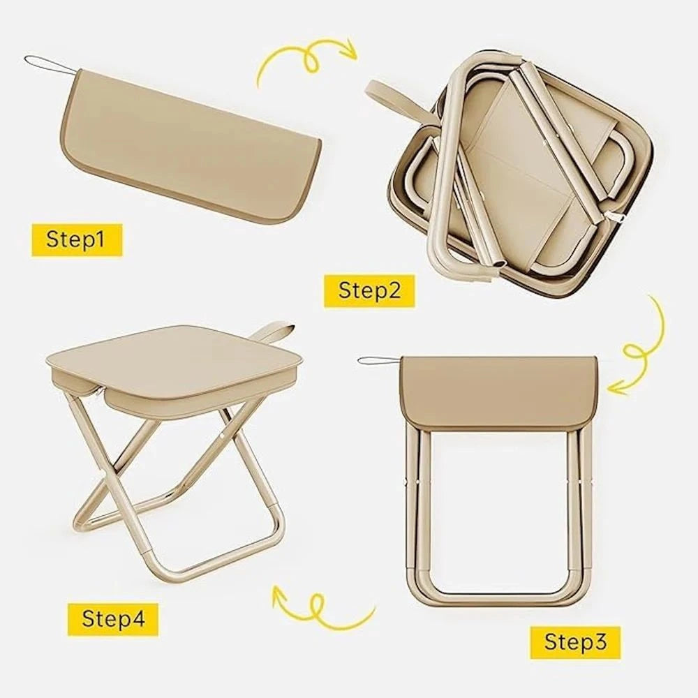 Step-by-step assembly of a beige folding stool on a white background