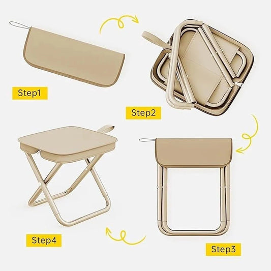 Step-by-step assembly of a beige folding stool on a white background