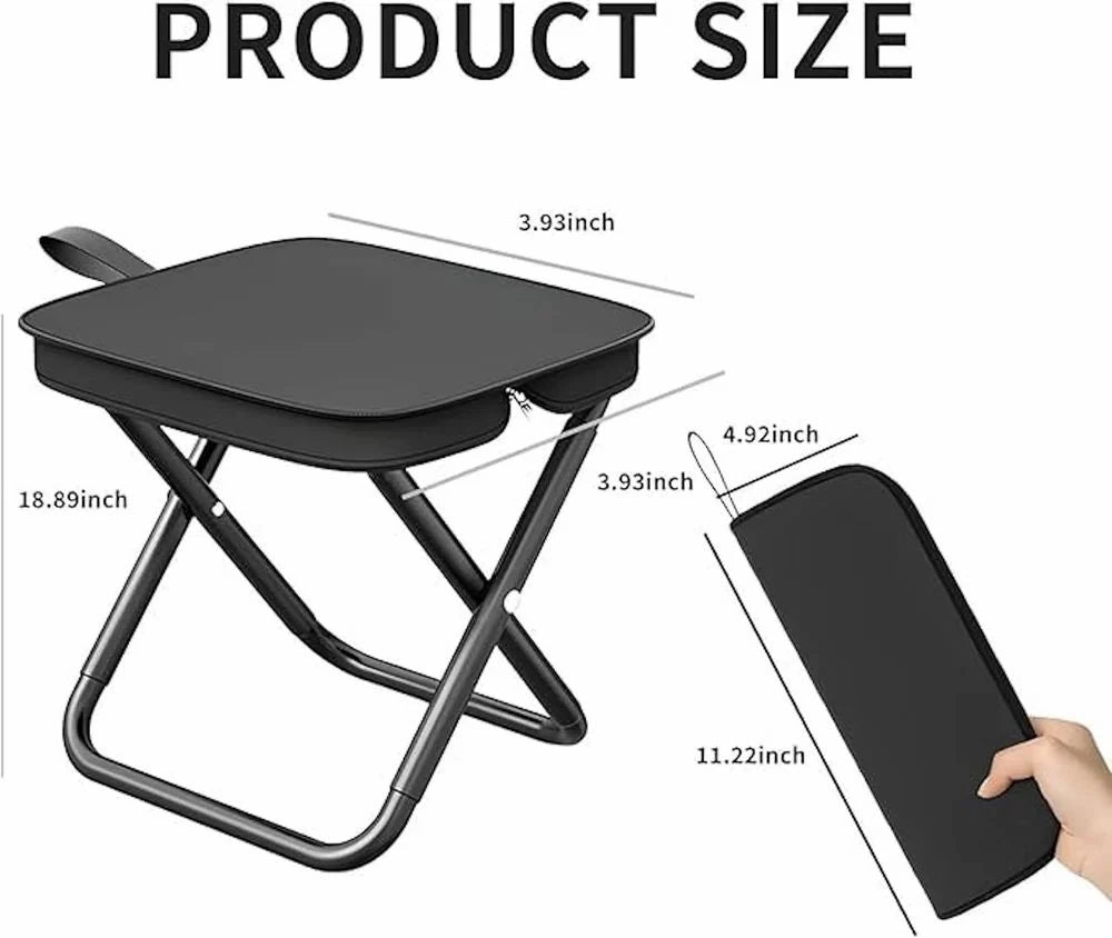 Black folding stool with dimensions labeled on a white background