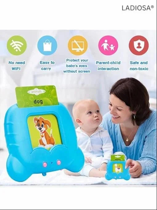 Blue educational toy with a baby and woman on a white background, featuring Ladiosa branding.