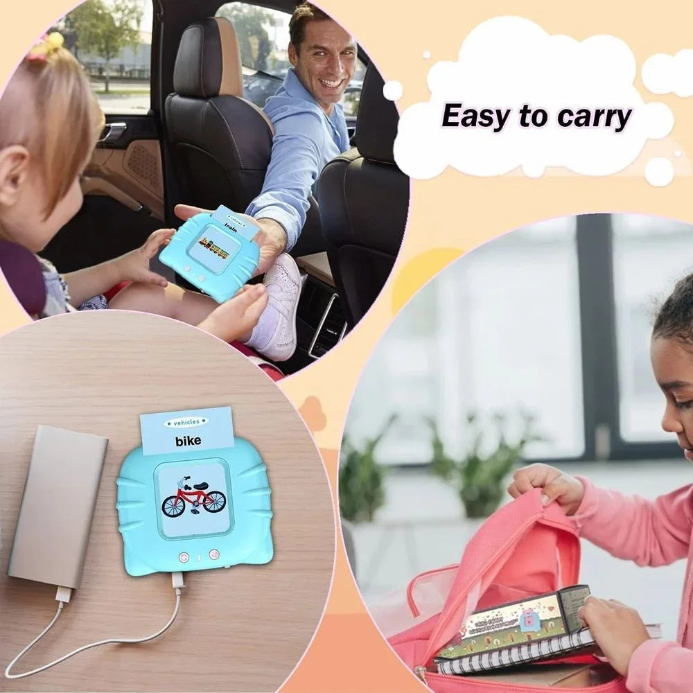 Collage of a child using a device, a man handing over a device to a child, and a child holding a device with text 'Easy to carry'.