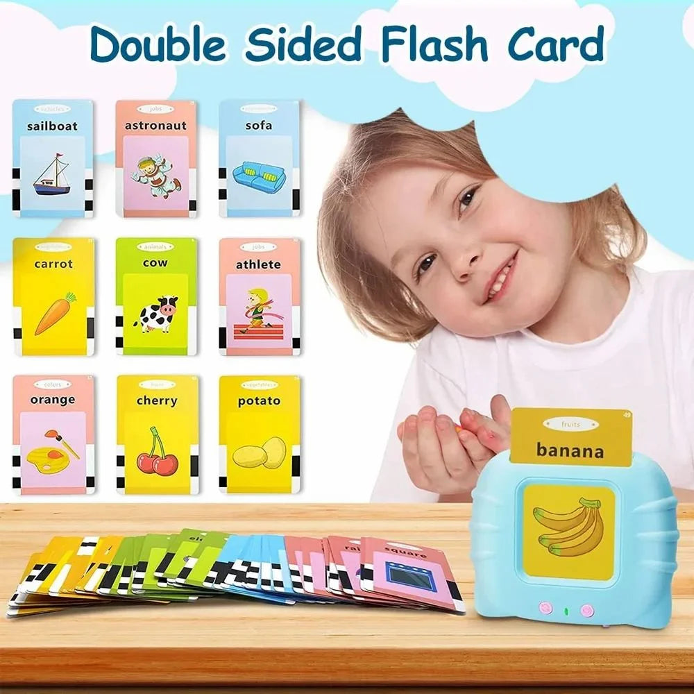 Double-sided flash cards with educational content and a child using them.