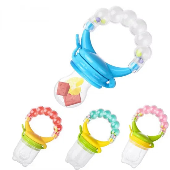 Set of colorful baby teething toys on a white background