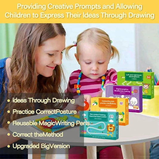 Woman and child at a table with educational materials and drawing supplies.