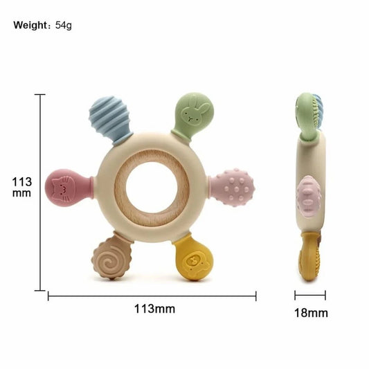 Baby teething ring with measurements and weight on a white background