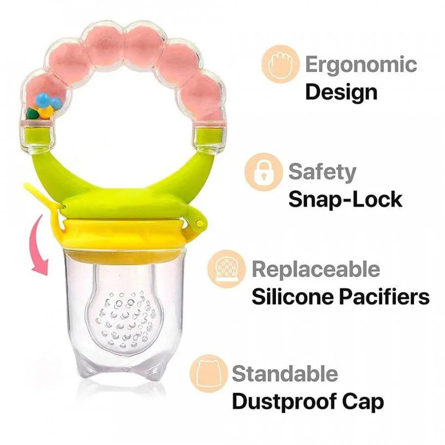Baby teether with features listed on a white background