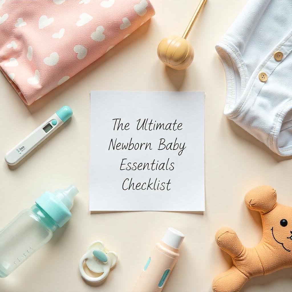 Flat lay of baby essentials including a thermometer, baby bottle, pacifier, lotion, toy, onesie, and blanket, with a paper reading “The Ultimate Newborn Baby Essentials Checklist