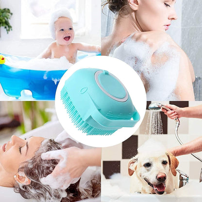 Collage of people and pets using a showerhead with water, baby bathtub, and dog bath.