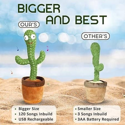 Two cactus-shaped toys with text comparing 'Our's' to 'Other's' on a desert background.