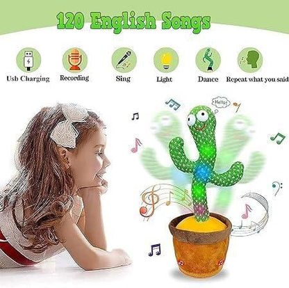 Toy cactus with animated features next to a child, with icons and text indicating its functions.