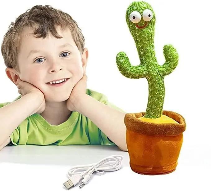 Child with a plush cactus toy on a white background
