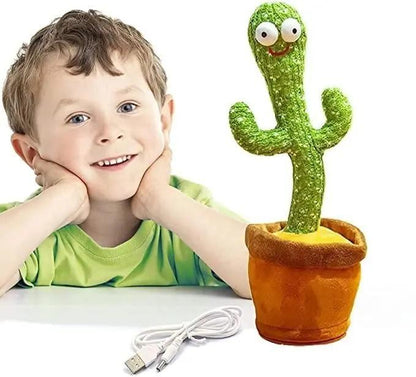 Child with a plush cactus toy on a white background