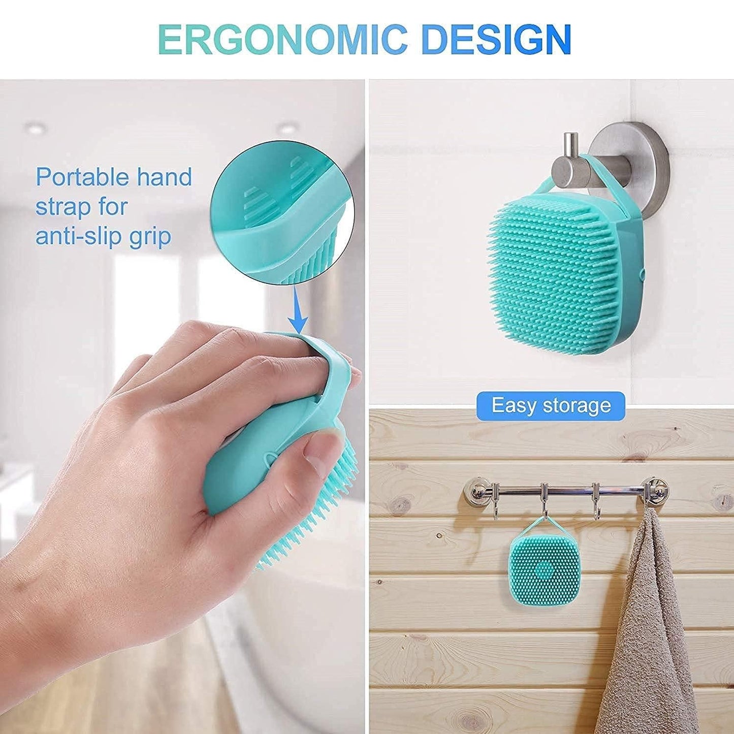 Teal cleaning brush with ergonomic design, portable hand strap, and easy storage on a hook.