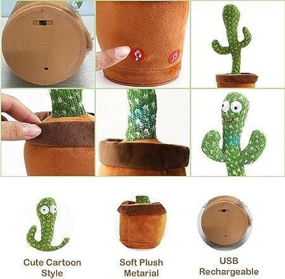 Collage of a plush cactus toy with USB charging feature, soft plush material, and cute cartoon design.