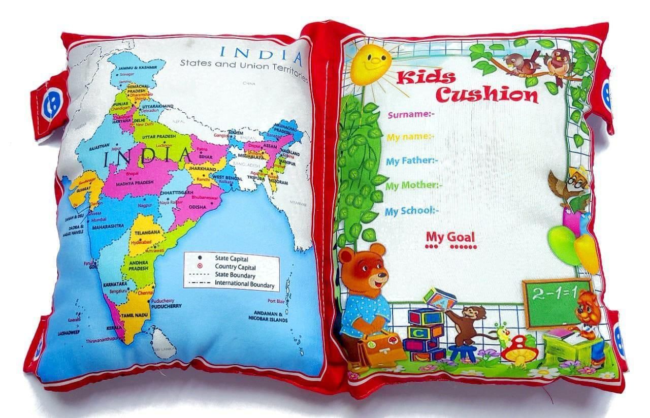 Children's cushion with map of India and educational design on a white background