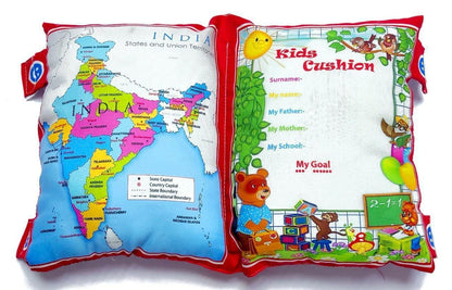 Children's cushion with map of India and educational design on a white background