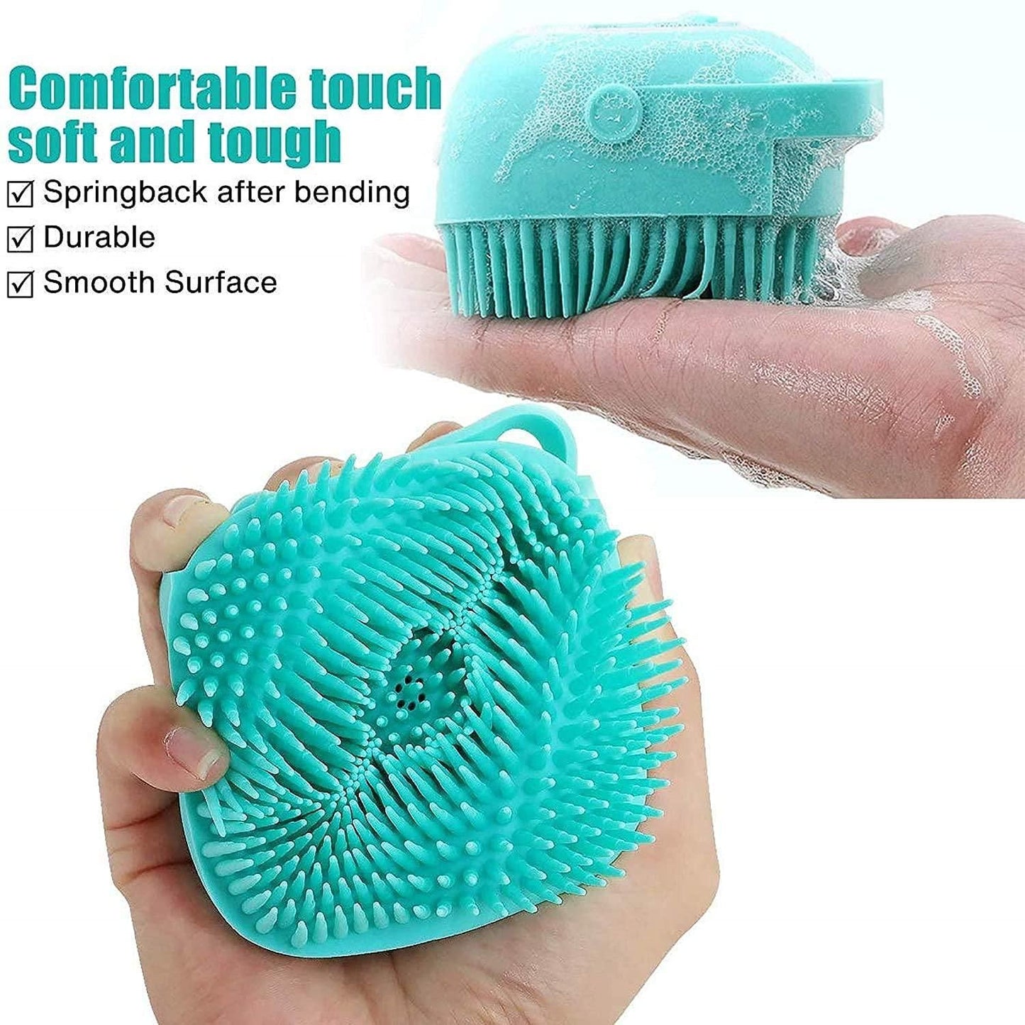 Turquoise silicone scrubber held in a hand with text highlighting features on a white background