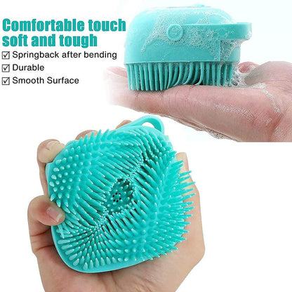 Turquoise silicone scrubber held in a hand with text highlighting features on a white background
