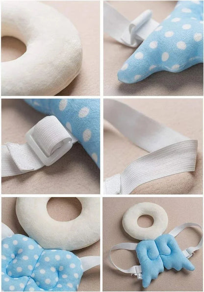 Collage of baby products including a white donut pillow, blue polka dot cover, and white strap on a beige background.