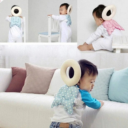 Collage of a child using a safety device on a couch