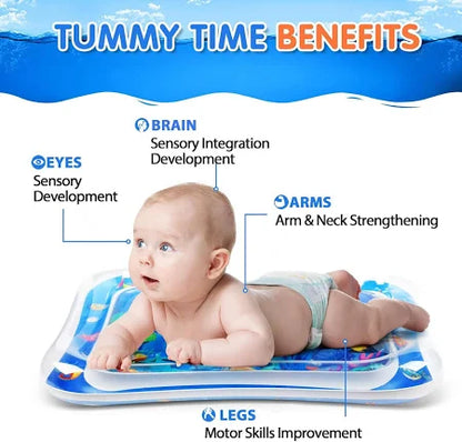 Baby on a tummy time mat with labeled benefits including brain, eyes, arms, and legs development.