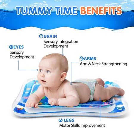 Baby on a tummy time mat with labeled benefits including brain, eyes, arms, and legs development.