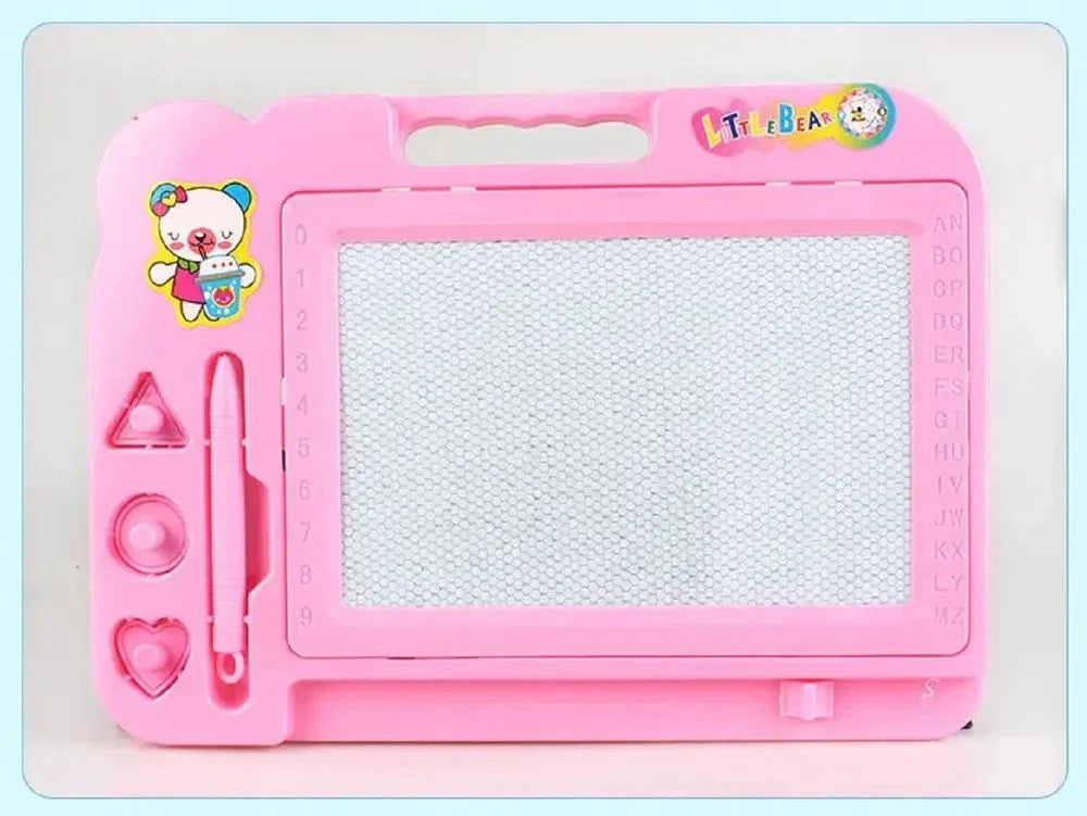 Pink drawing board with writing implement on a white background