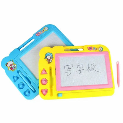 Colorful children's drawing board with magnetic letters and shapes on a white background