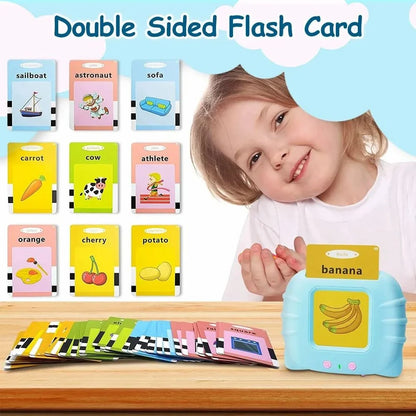 Double-sided flash cards with educational content and a child using them.