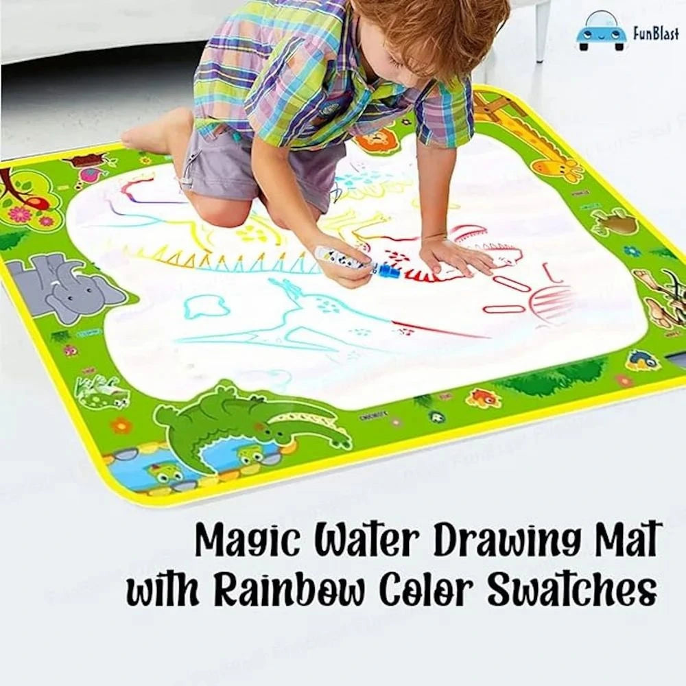 Child drawing on a magic water drawing mat with rainbow color swatches.
