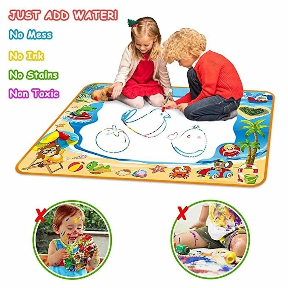 Children playing with a water drawing mat featuring ocean-themed illustrations.