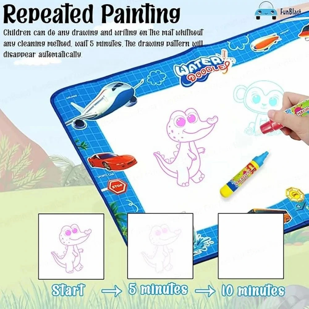 Children's drawing mat with pre-drawn patterns and a hand holding a marker.