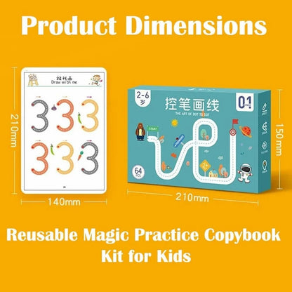 Reusable Magic Practice Copybook Kit for Kids with dimensions on an orange background