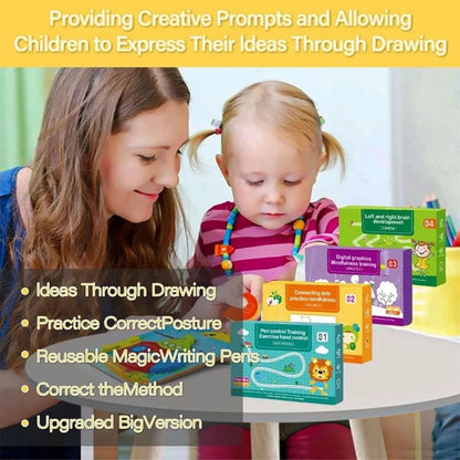 Woman and child at a table with educational materials and drawing supplies.