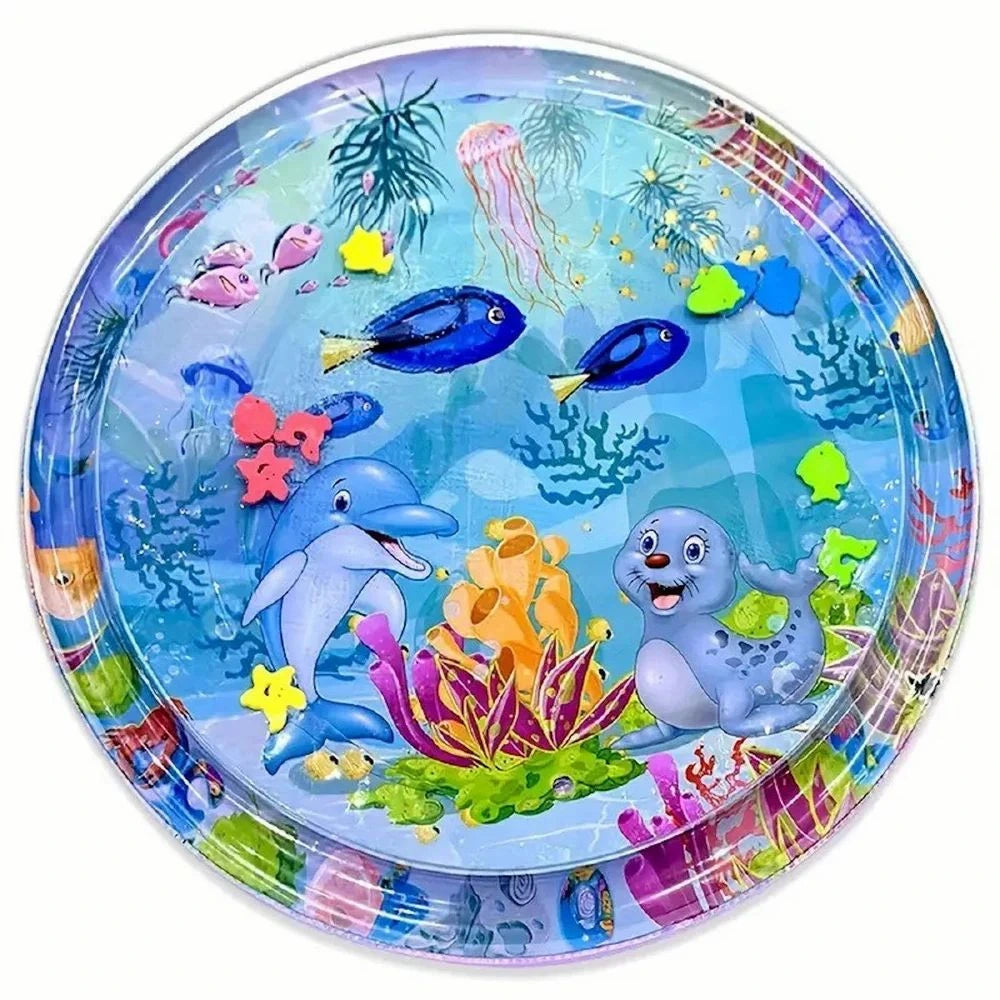 Colorful inflatable pool toy with dolphins and sea creatures on a blue background