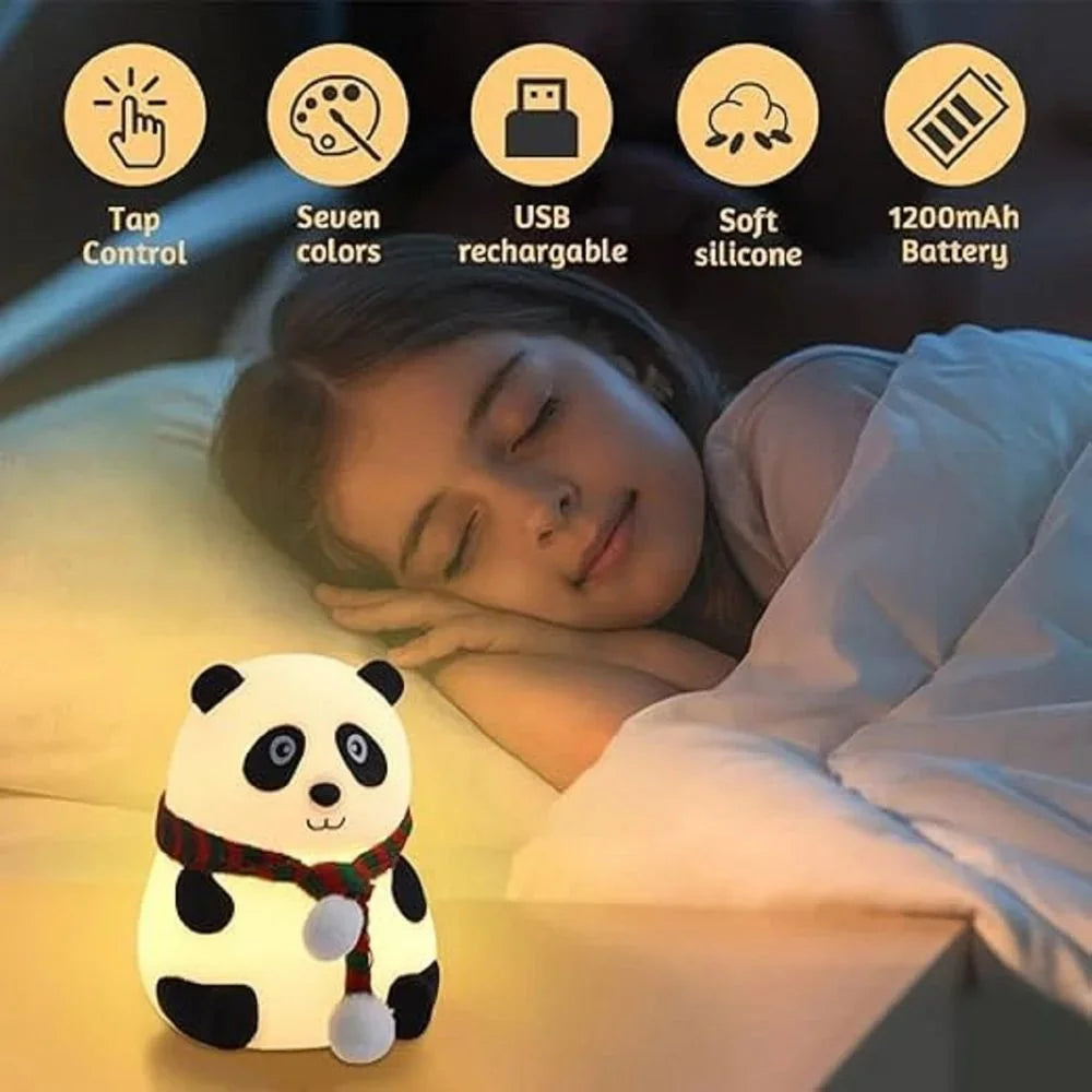 Panda-shaped night light next to a person sleeping with features listed above.
