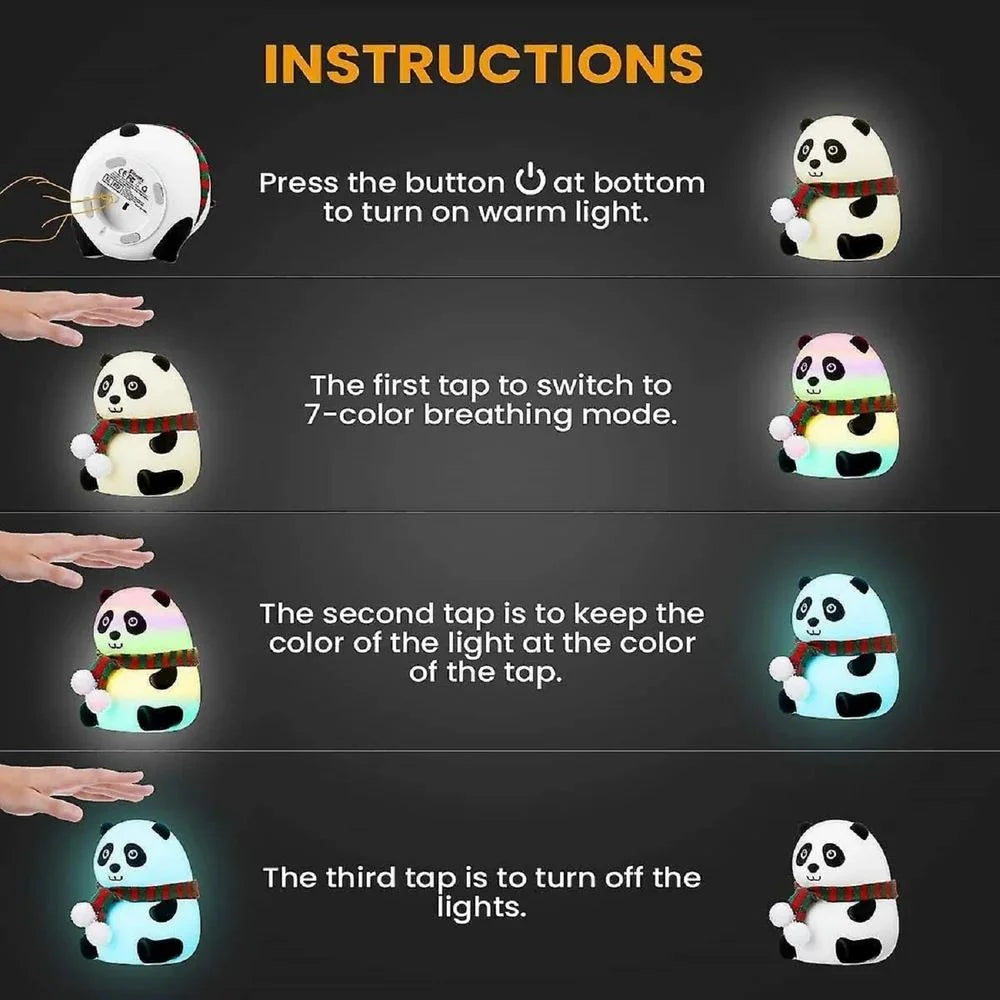 Instructions for a panda-shaped light with button and tap controls on a dark background.